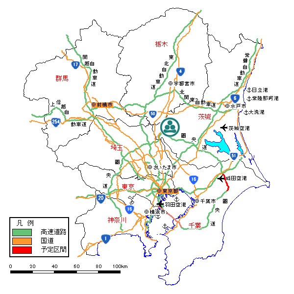 主要道路と各都市の地図イラスト